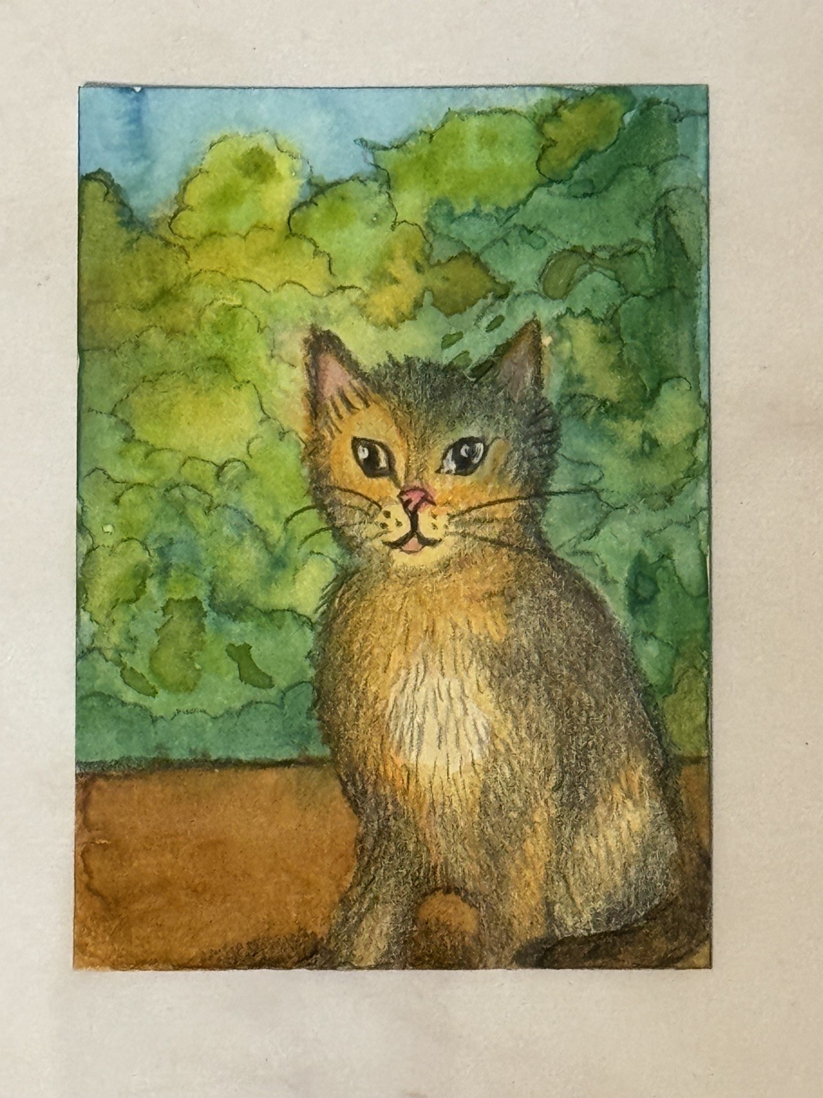 Aceo Original Art Trading Card, Sweet Cat in the garden, Art By Sommer Rayn