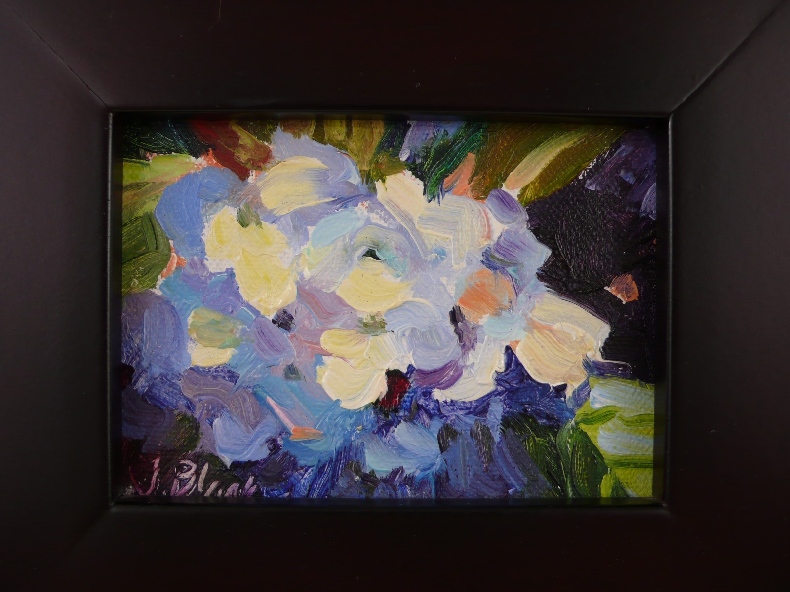 JENNIFER BLACK ORIGINAL PAINTING «BLUE HYDRANGEA» OIL on LINEN PANEL 4″ x 3″