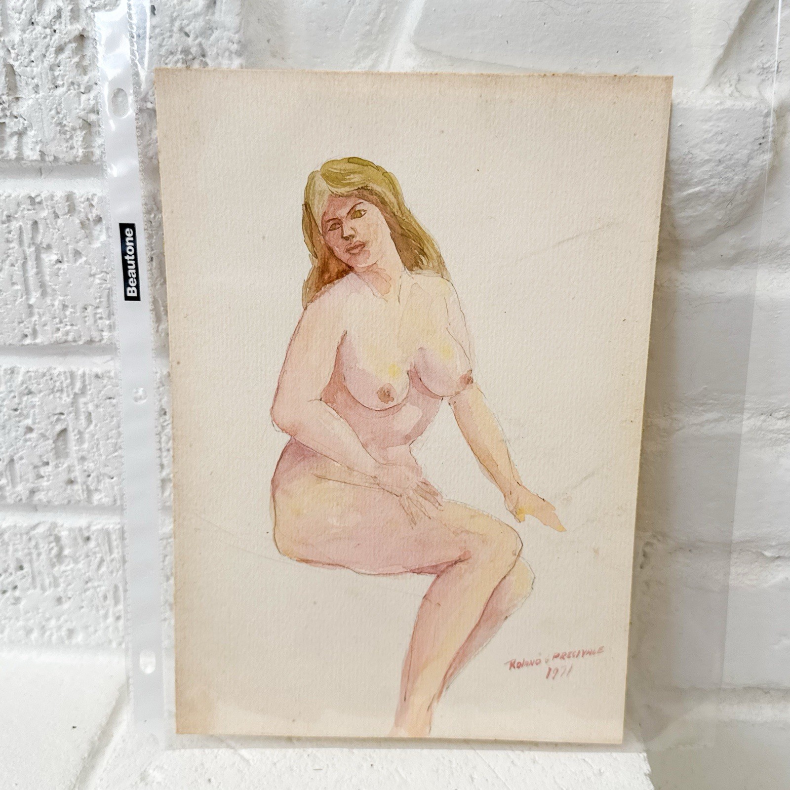 Vintage Orginal Nude Female Watercolor Painting Signed Roland Precivale 1971