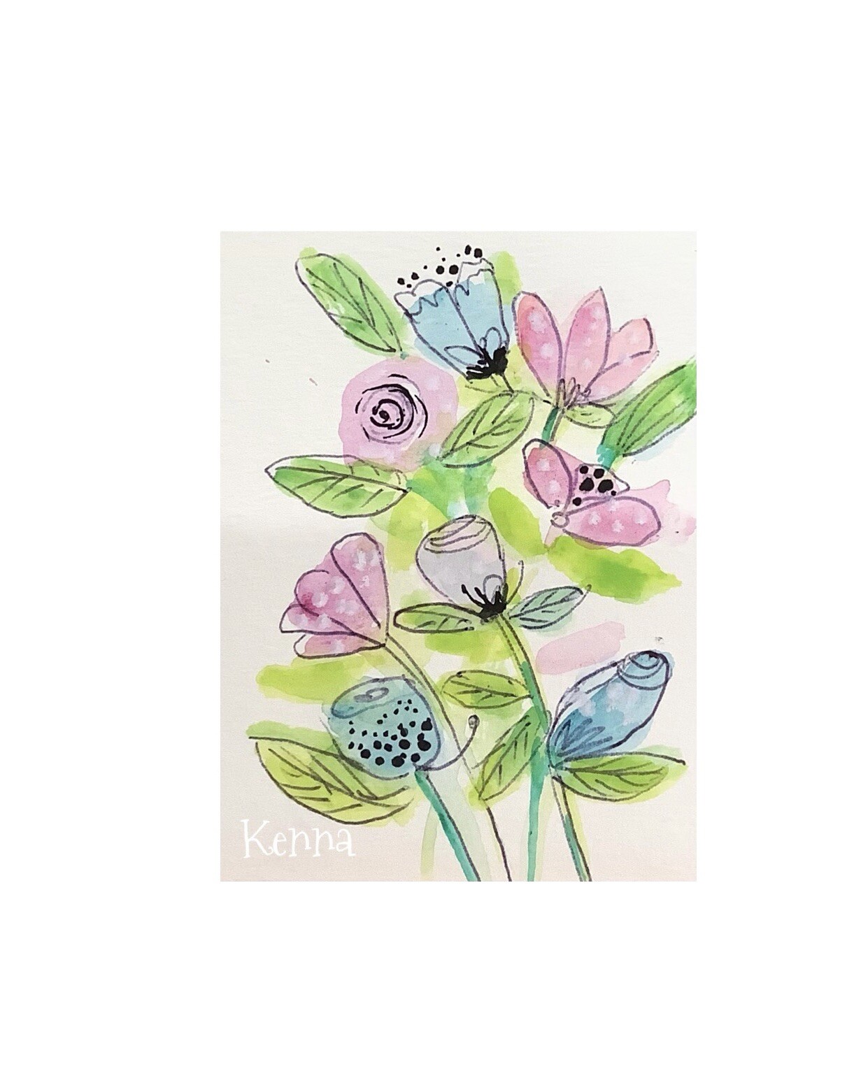 Aceo By Kenna Original HP Flowers Ink & Watercolour 2.5” X 3.5”