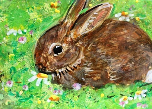 ORIGINAL ACEO Cottontail RABBIT Painting Spring Flower Bunny Animal Nature ART