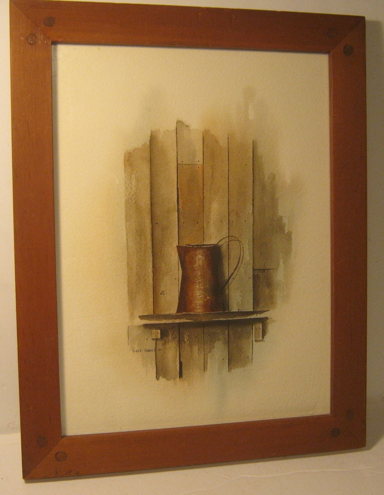 Watercolor Painting Copper Pitcher by ROGER HARDEE Dated 1980 Rustic Wood Frame!