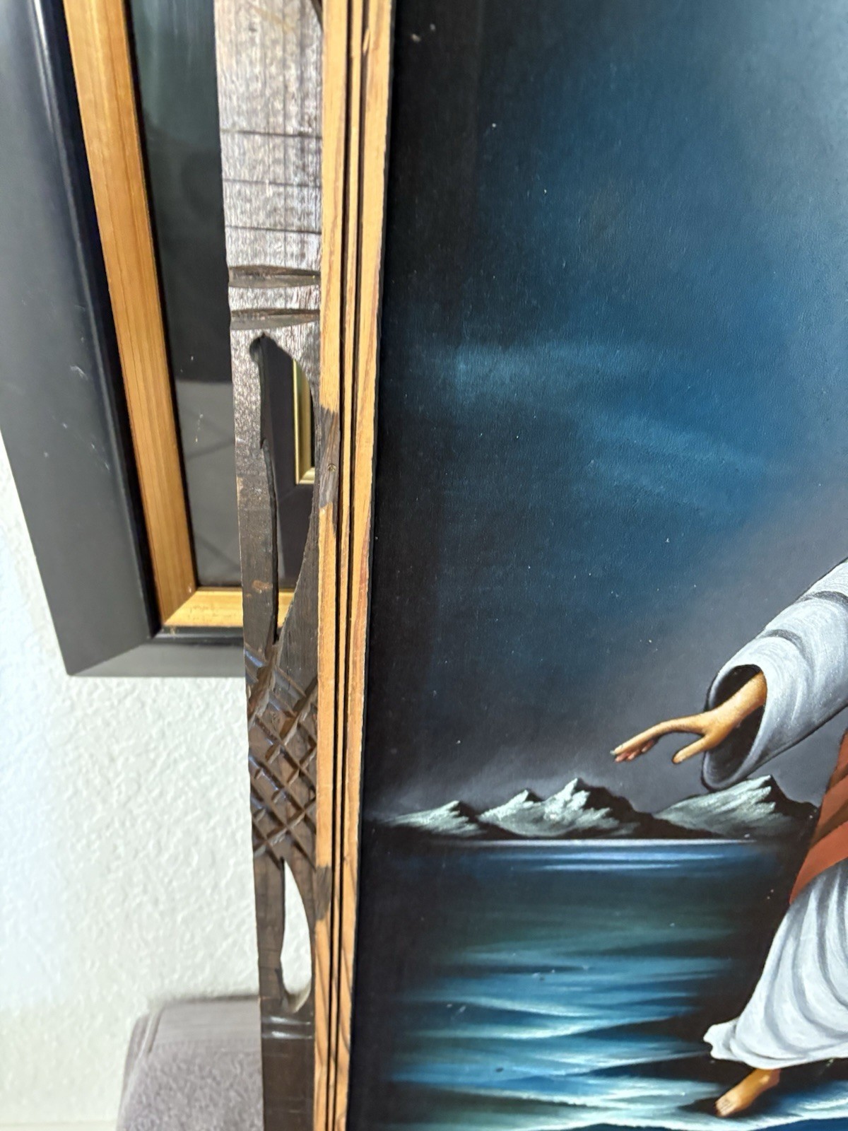 VTG 70s MCM Jesus Christ Walking On Water Black Velvet Painting 40” x 27”signed
