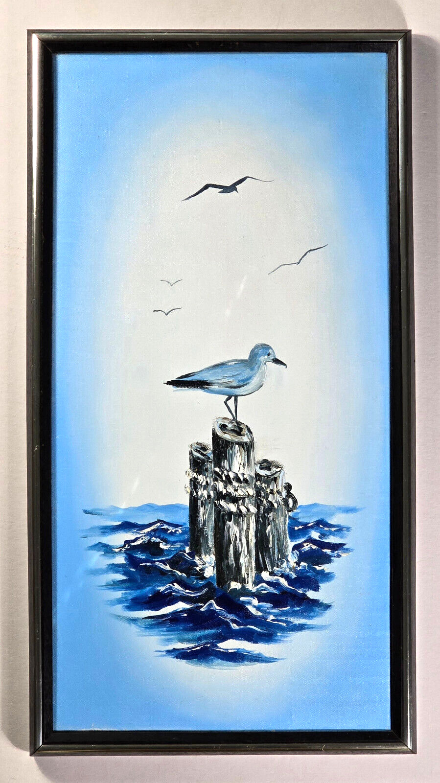 Diptych Set of 2 Oil Paintings on Canvas, Sea Gulls, Ocean, Beach, Blue VTG 1970
