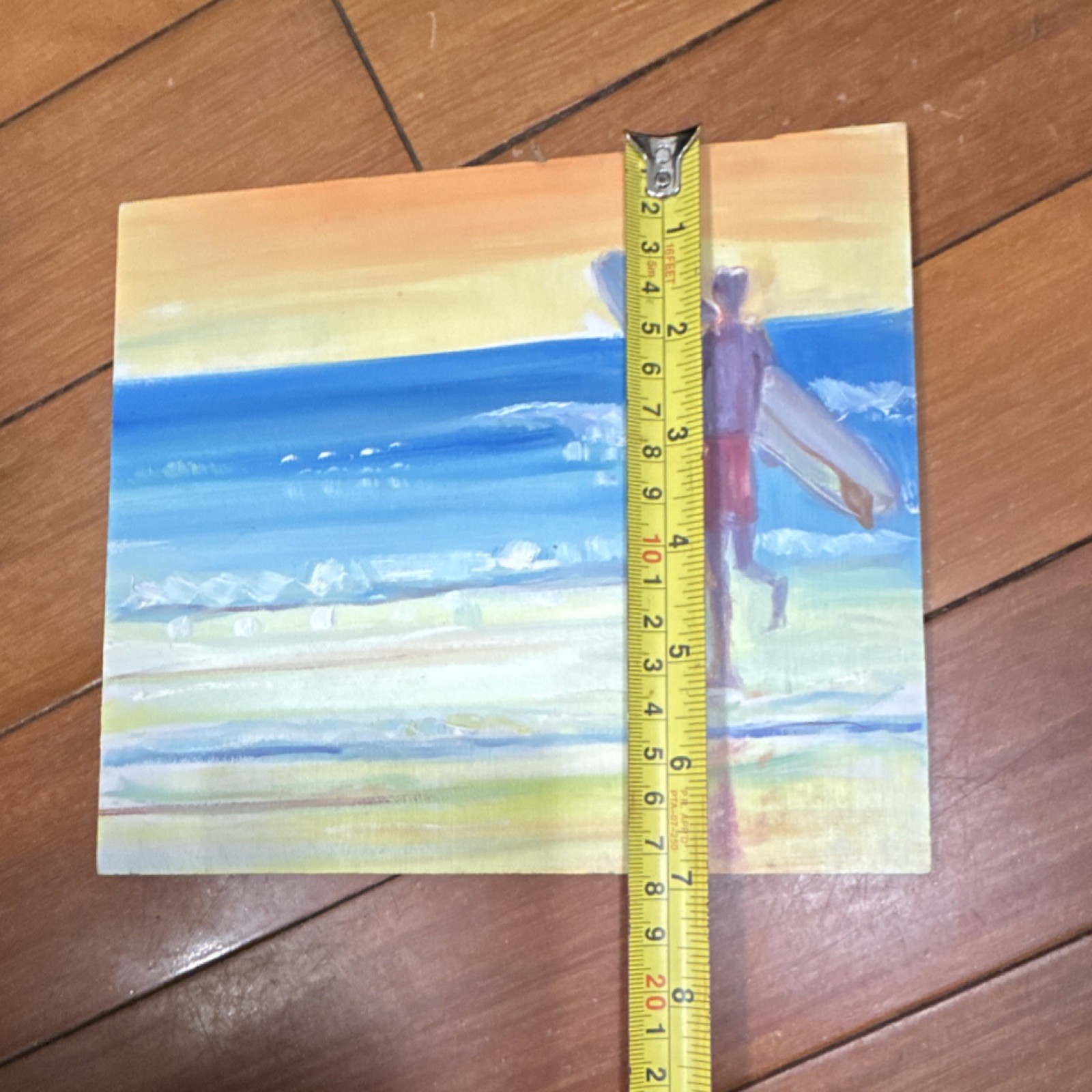 JJ Signed Original Painting Surfer Beach Seascape on Wood Panel, 7x8in
