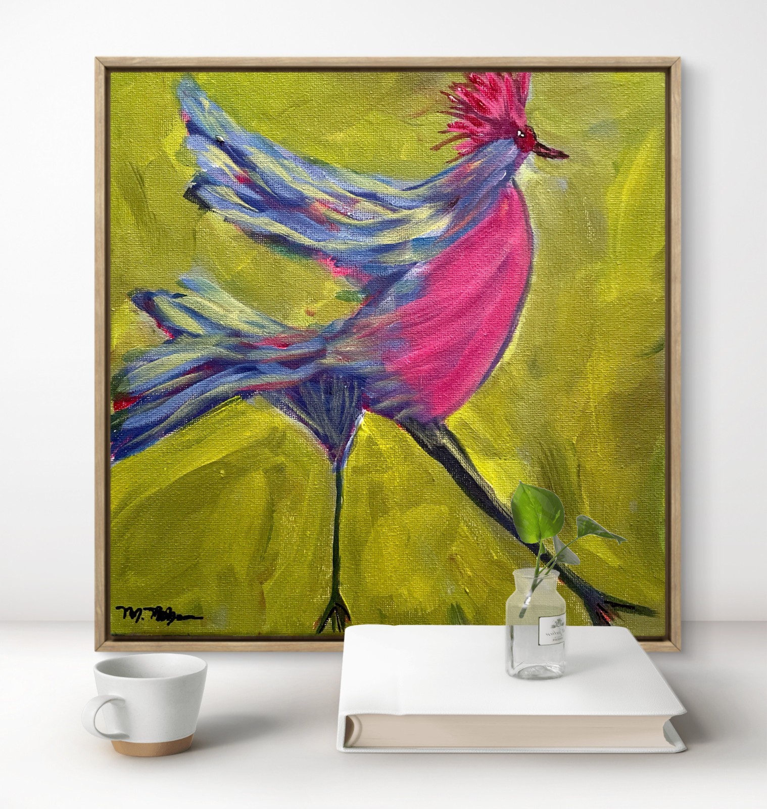 Bold Acrylic Bird Art Vibrant Pink Crested Figure on Green Original 10×10 Signed