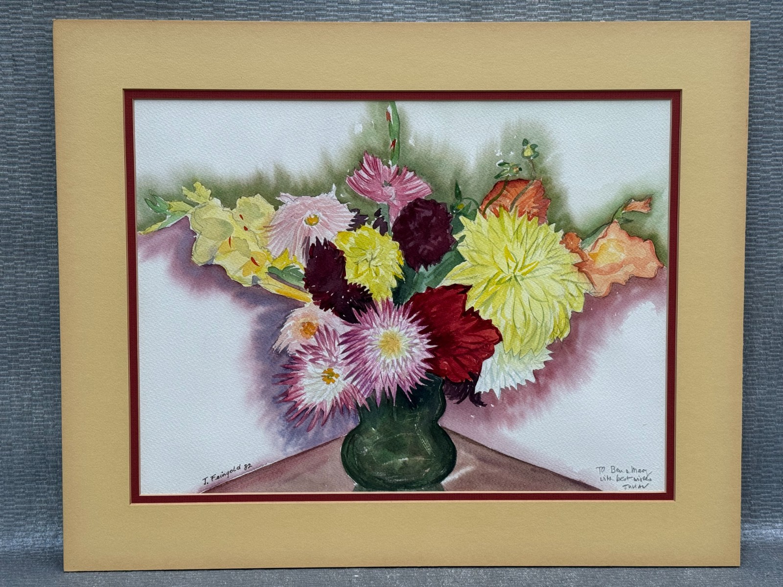 JILIAN J. FEINGOLD VINTAGE ORIGINAL WATERCOLOR PAINTING VASE WITH FLOWERS 1982