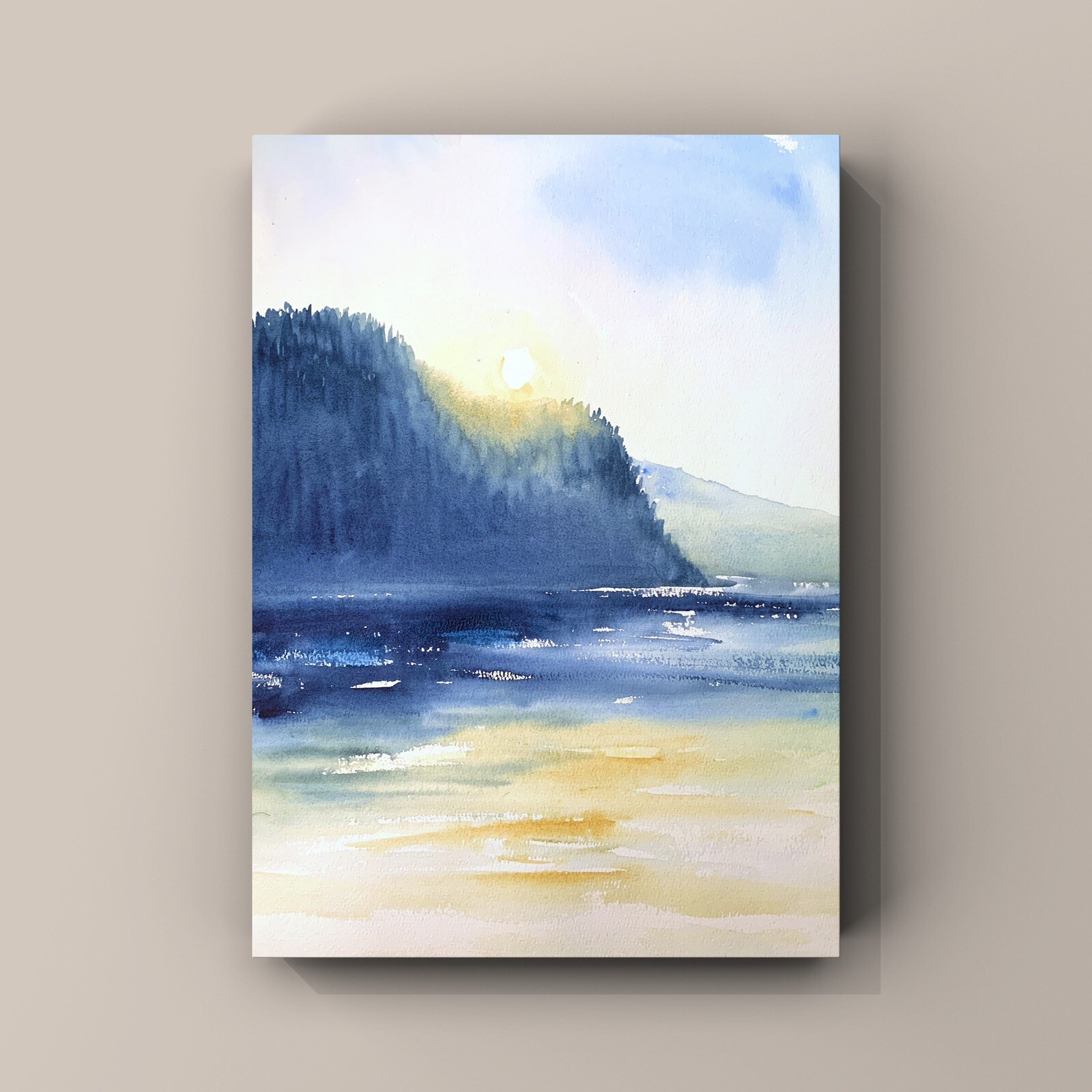 Original watercolor picture 30×40 cm, lake, mountains landscape mural gift idea