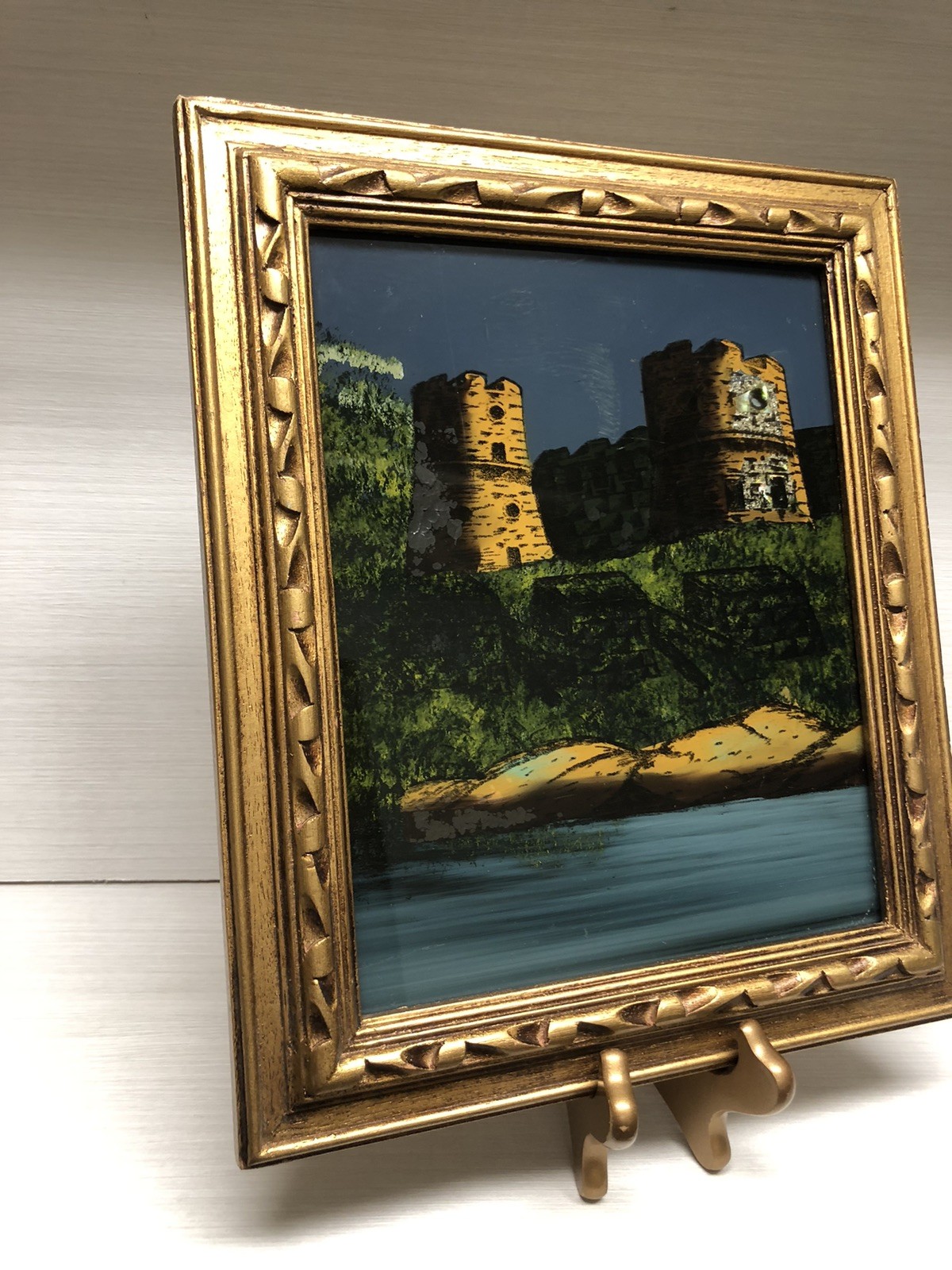 Unique VTG Castle Scene Reverse Painted On Glass With Abalone Shells Wood Frame