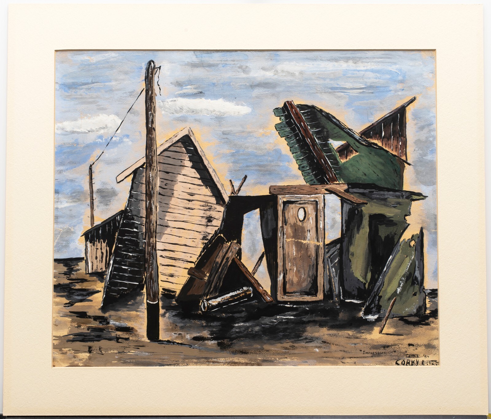 American Mid Century Mixed Media Town Scene «Impressionism» , Signed, 1954
