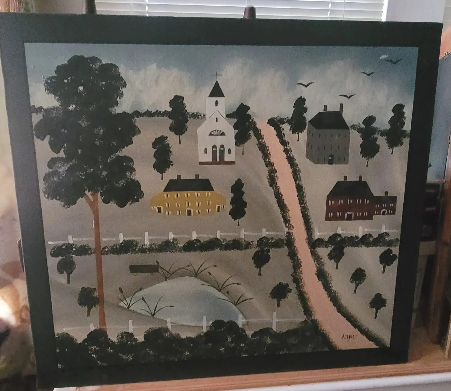 Hope Angier Folk Art Americana Painting Wall Hanging Or Fireboard 30×34 Read