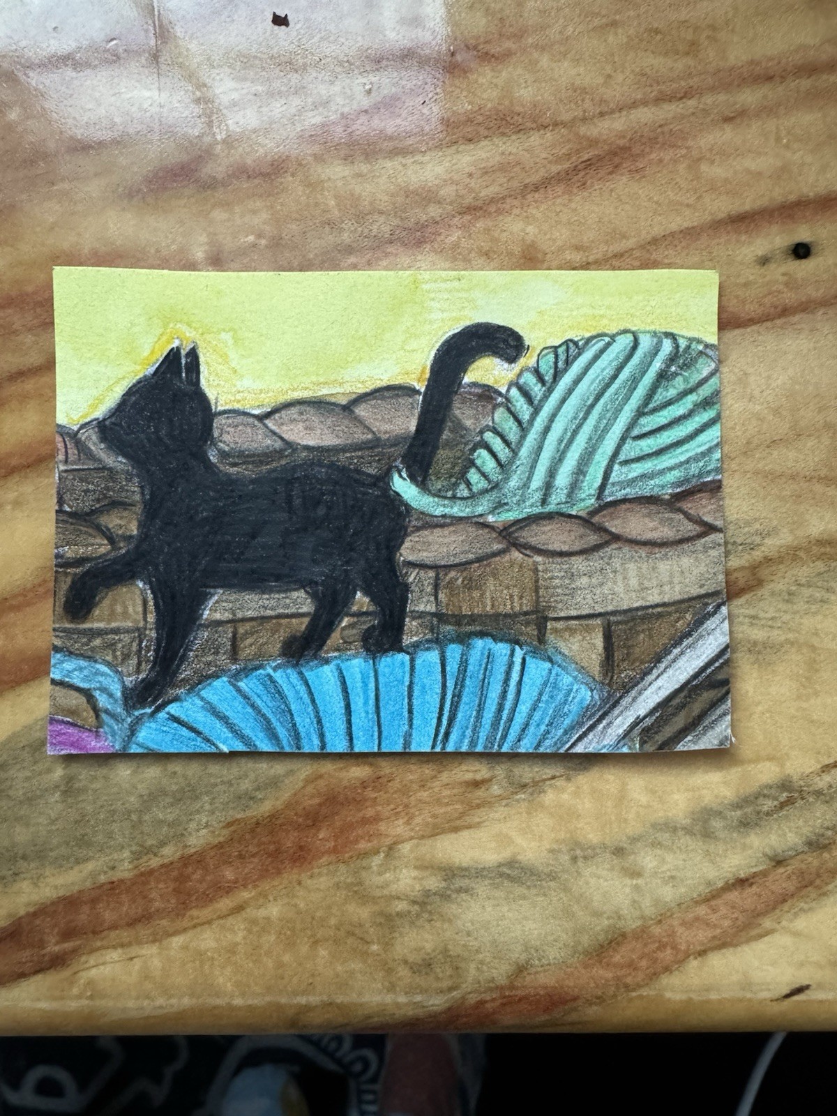 Aceo Original Art Trading Card, Basket Of Yarn With Cat Art By Sommer Rayn