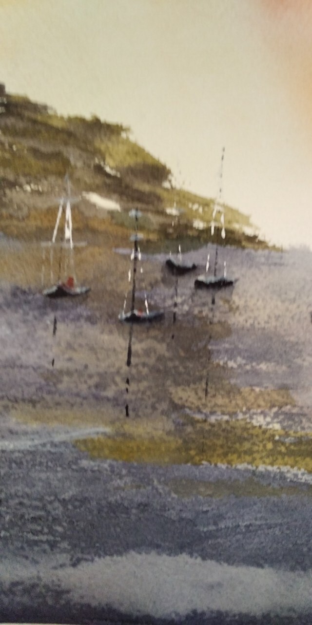 paintinwatercolor seascape quiet harbor sea sailboats beautiful sky sunrisegift
