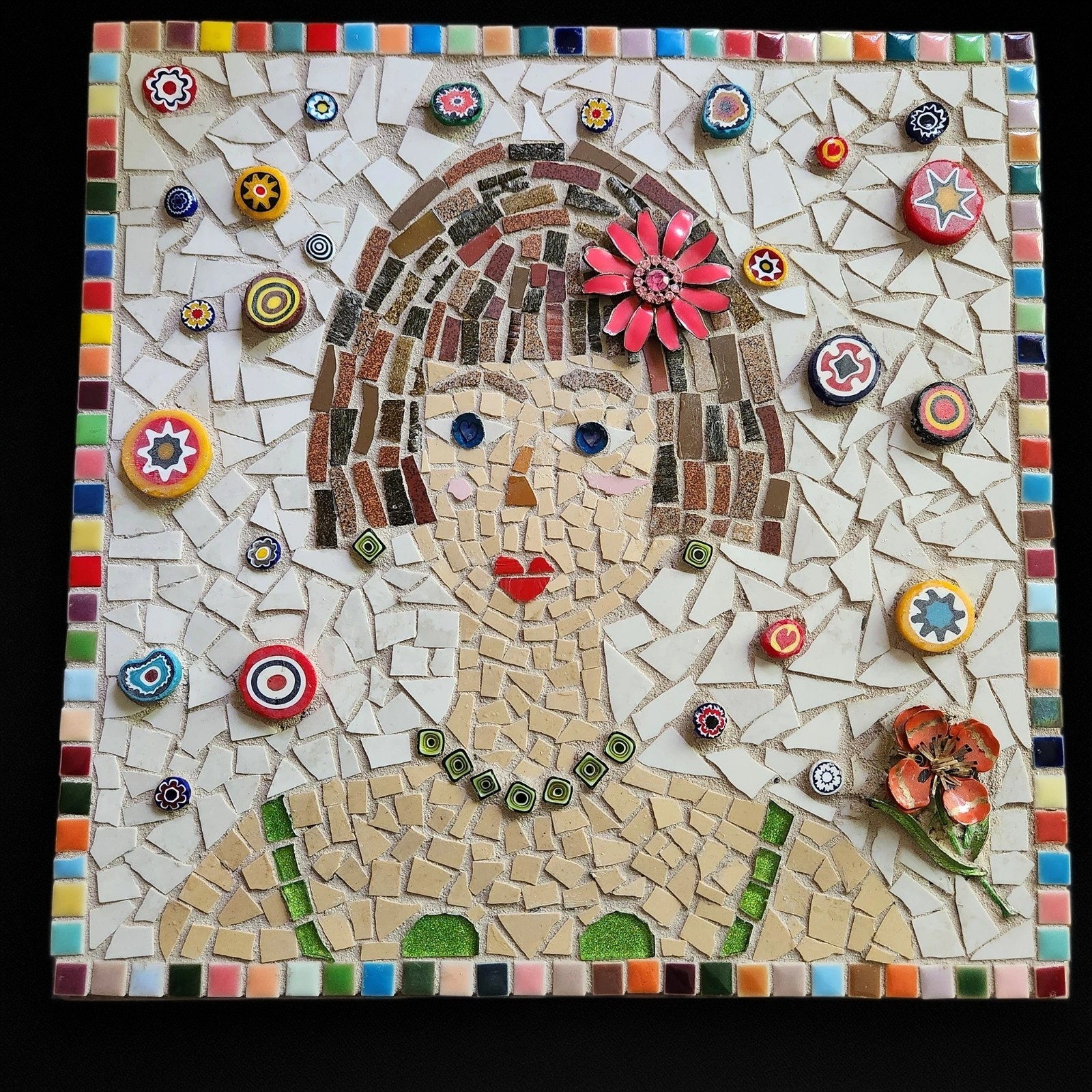 13×13″ Handmade Mosaic Portrait Wall Art, Colorful Folk Art Woman Tile Panel