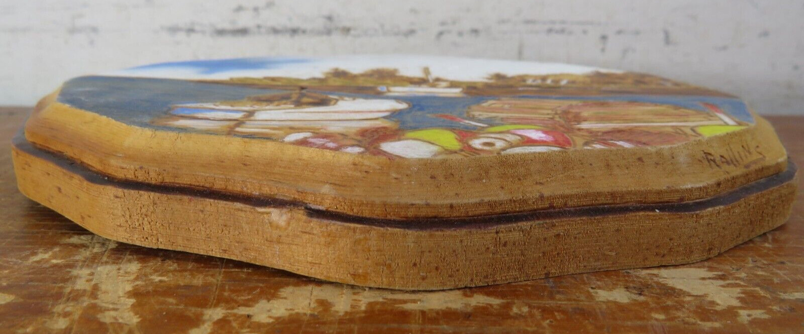 vtg Original Wood Burning painting Cargo Boats – 7.5″x5″x.75″ Leonard Rollins