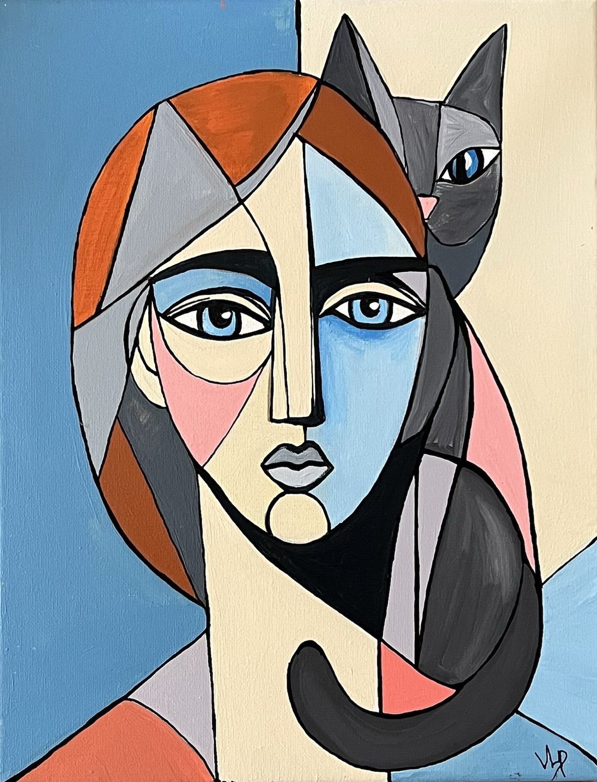 Original Cat Lady Picasso Inspired Modern Cubist Art 14×11” Canvas Acrylic VLP