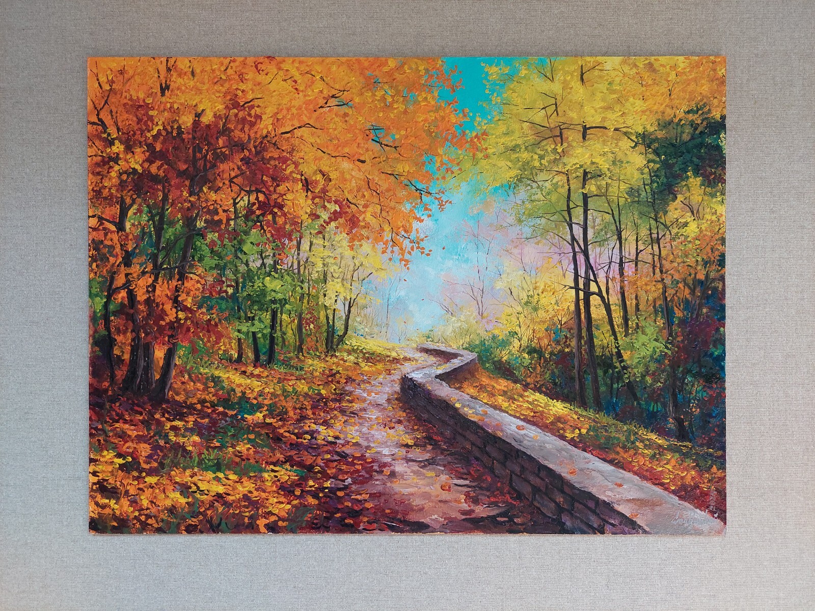 Autumn park Original Oil Painting. Bright leaves and freshness along a cozy path