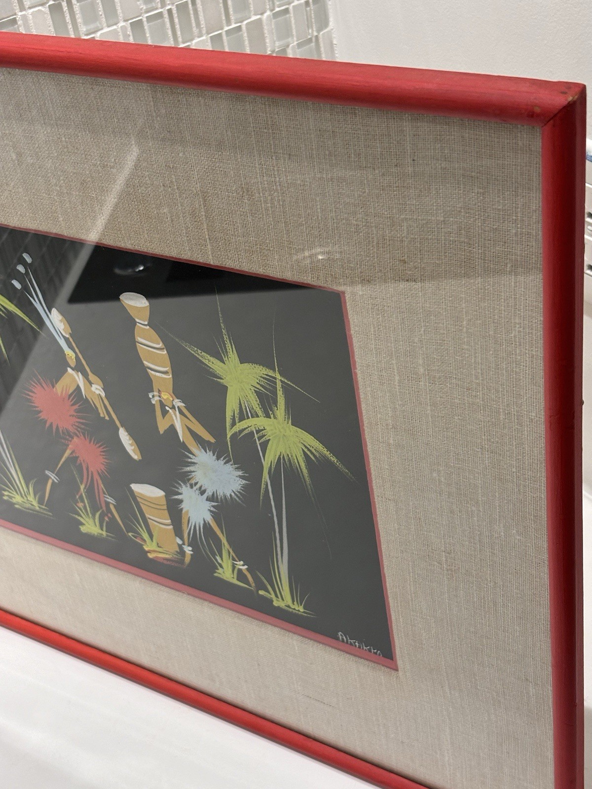 Original Signed African Folk Art Framed Matted Painting, Vintage Decor Gifts