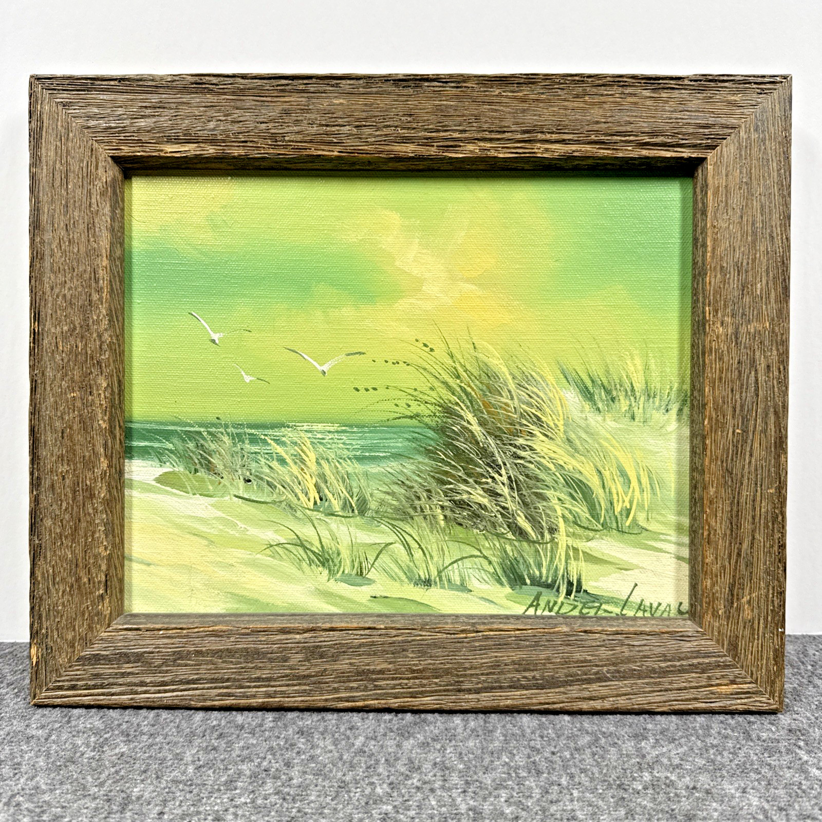 Vintage Signed Beach Ocean Coastal Dunes Seagull Oil Painting Size 12 x 10