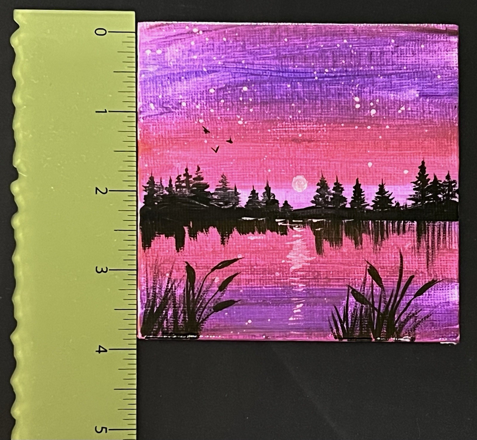 Mini 4×4” Purple Moonlight Landscape Acrylic Canvas Panel w/Display Easel