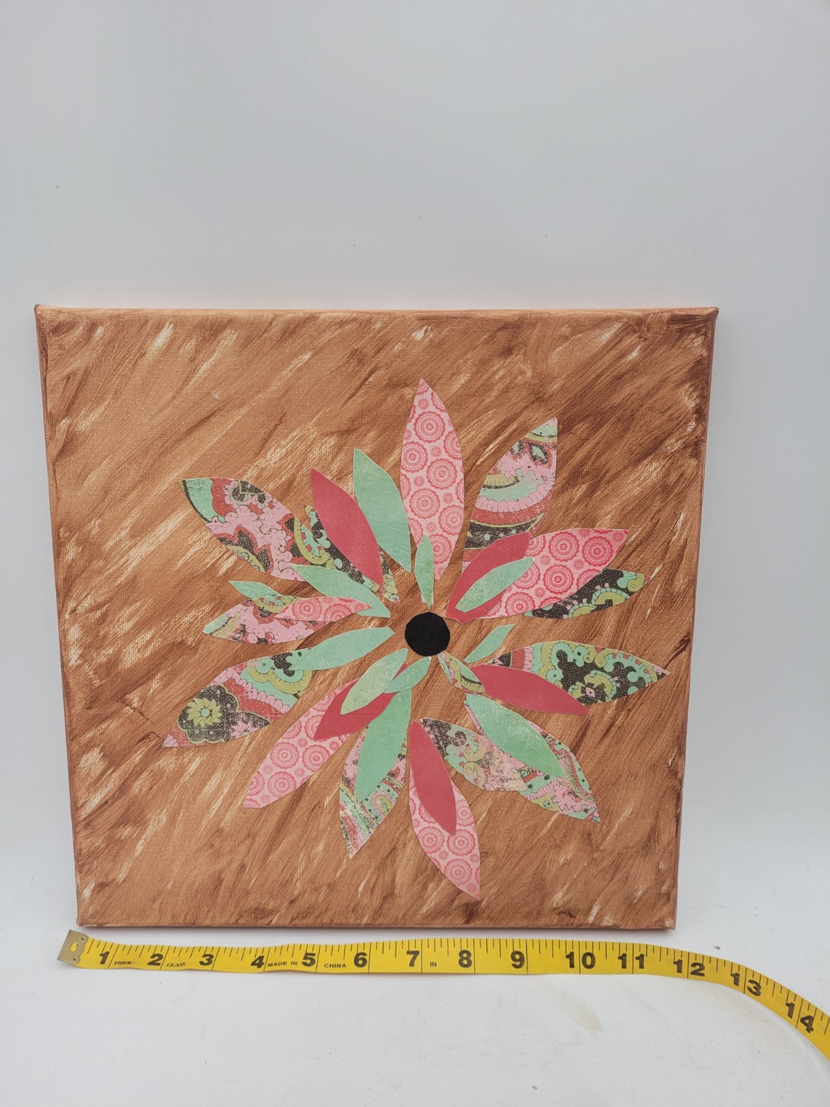 Handmade Floral Collage Canvas Art Signed Cynthia Greulich 2014 12×12 Boho Decor
