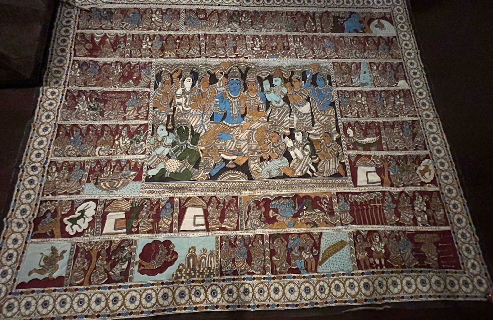 Vtg Indian Kalamkari Textile Fabric Cotton Hand painted Indu Mythology 108”x89”