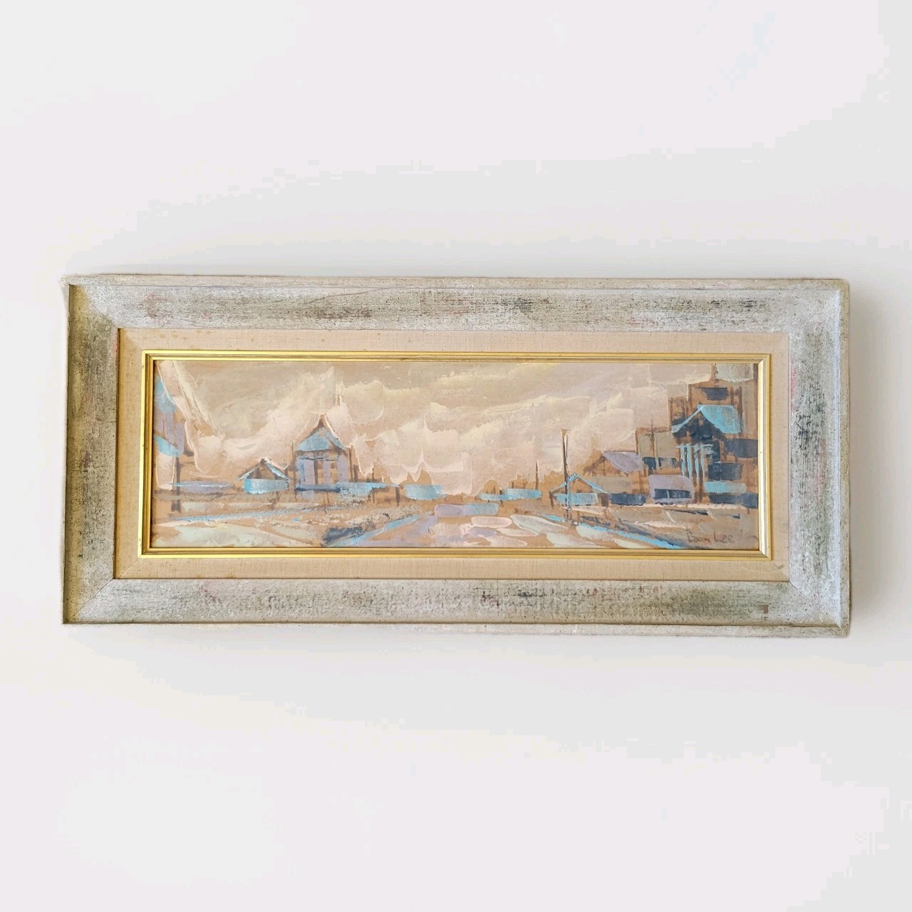 1960’s Mid-Century Modern Cityscape Painting by Don Lee 29x13in Framed