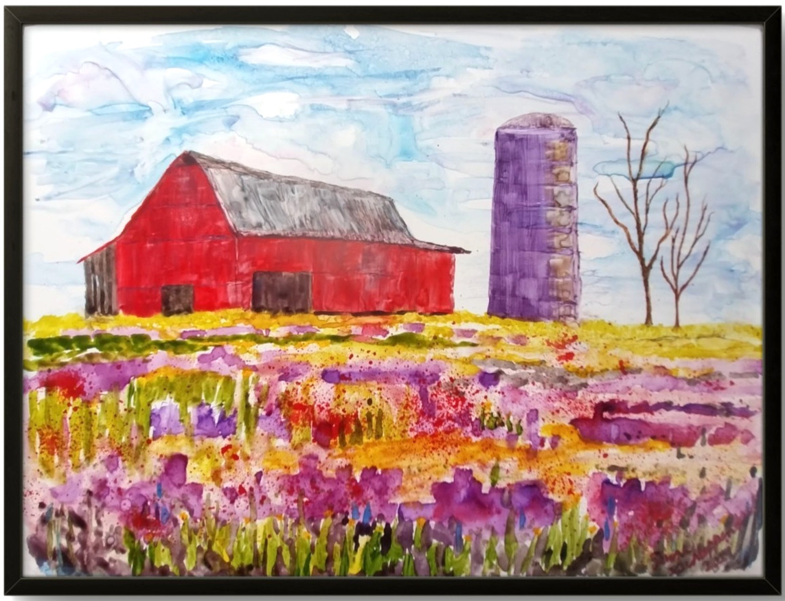 RED BARN Silo Original Watercolor Signed Painting Loose Art Yupo Paper BACH