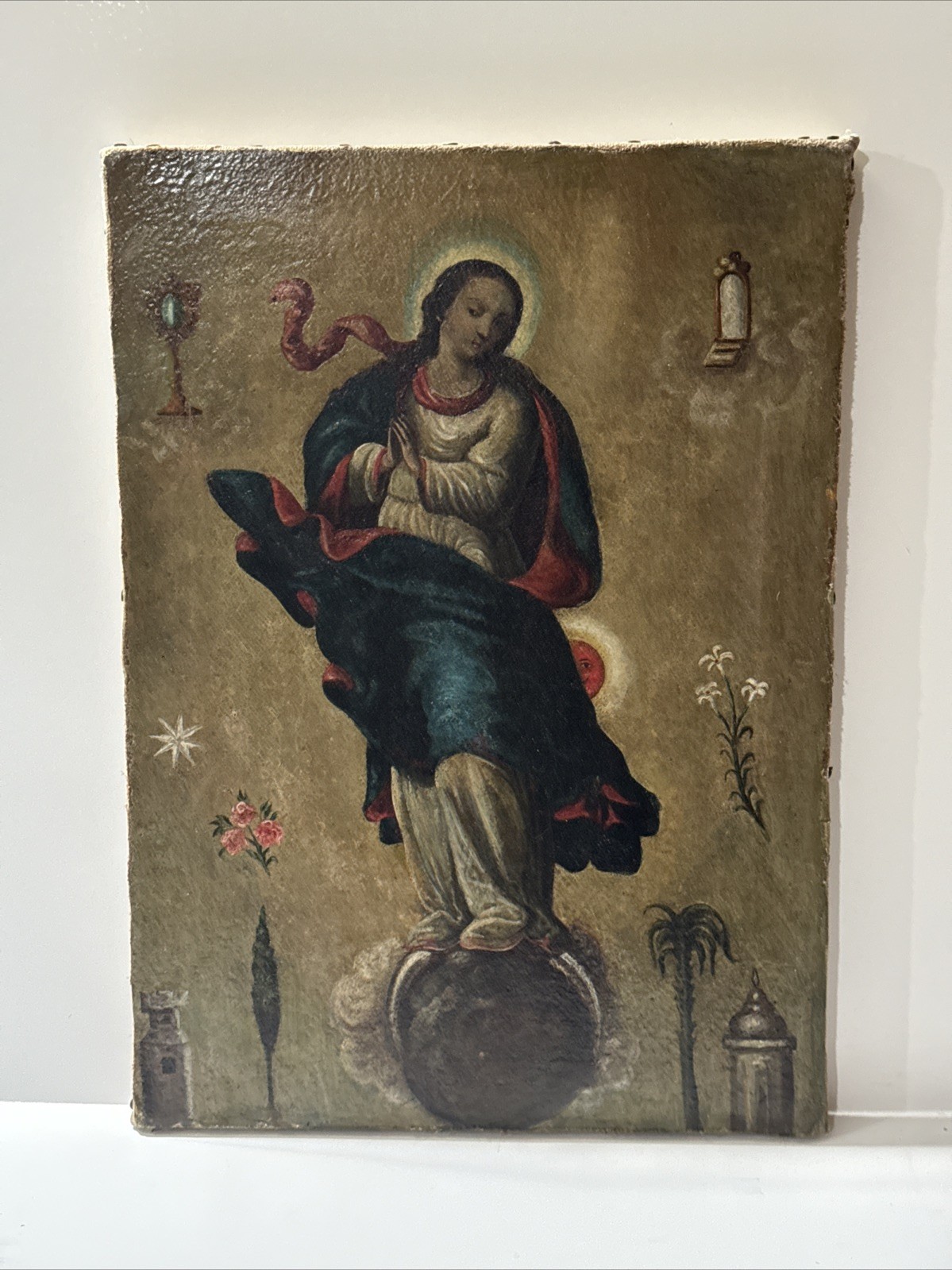 ANTIQUE MADONNA PAINTING ICON ICONIC RELIC 18TH TO 19TH CENTURY SMILING SUN OIL