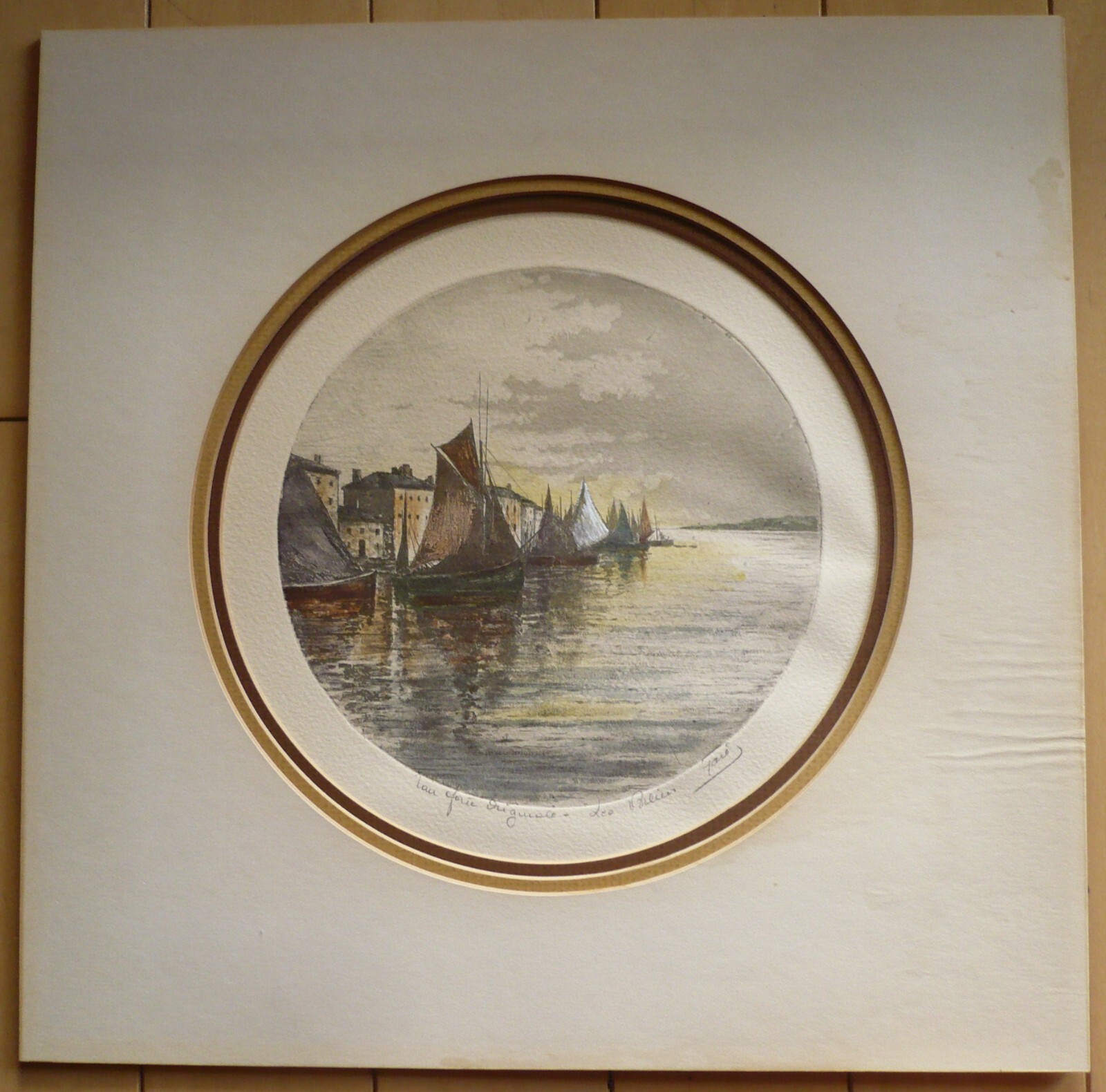 MYSTERY ETCHING in Color PENCIL SIGNED VINTAGE PRINT SHIPS , MODERN & LISTED ART