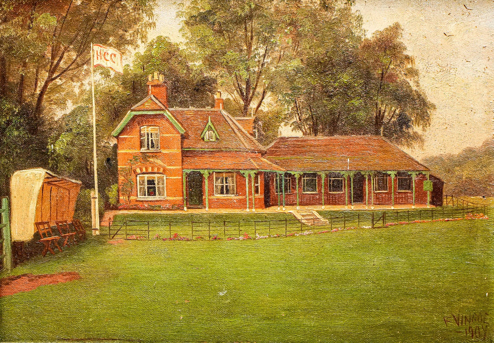 Charming Antique Framed Oil Painting English Cricket Pavilion Sports Victorian