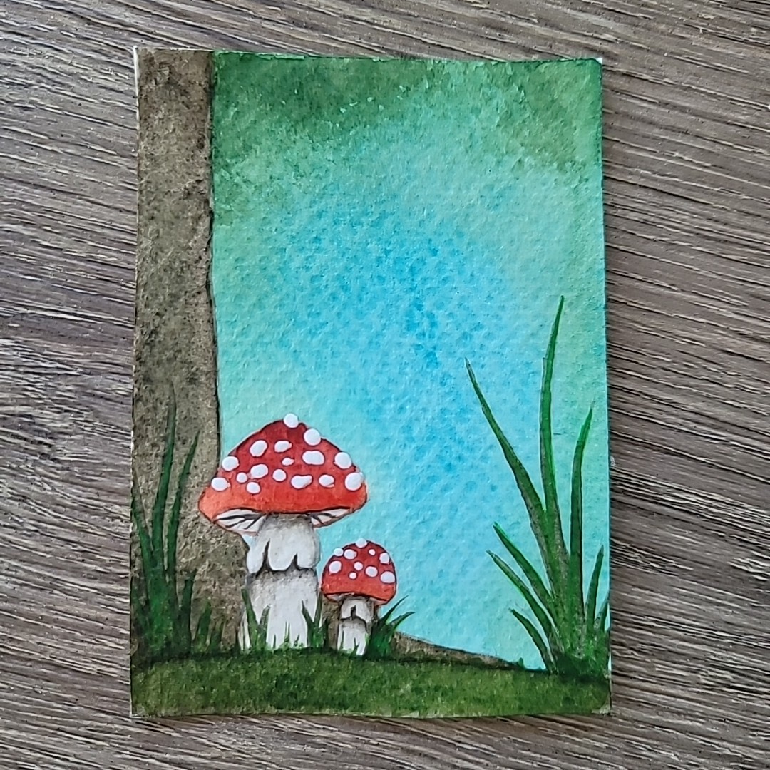 Aceo Original Watercolor Painting Mushrooms Red Cap Toadstools