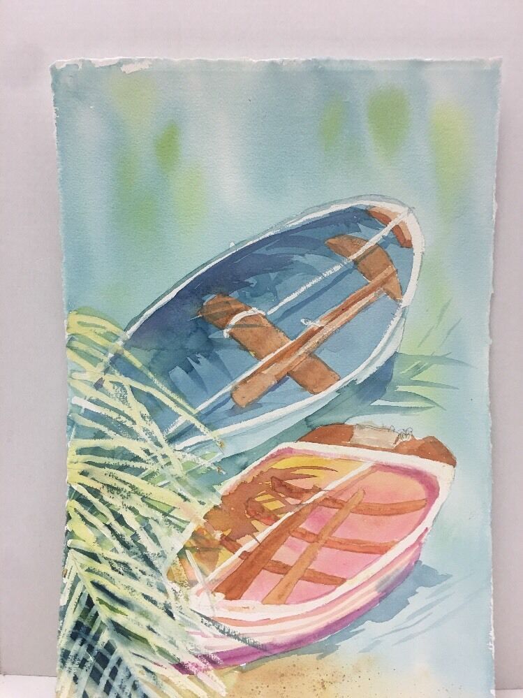 Handpainted WaterCOLOR Of Two Boats In Water 22 1/2 X 15 1/2 SBR