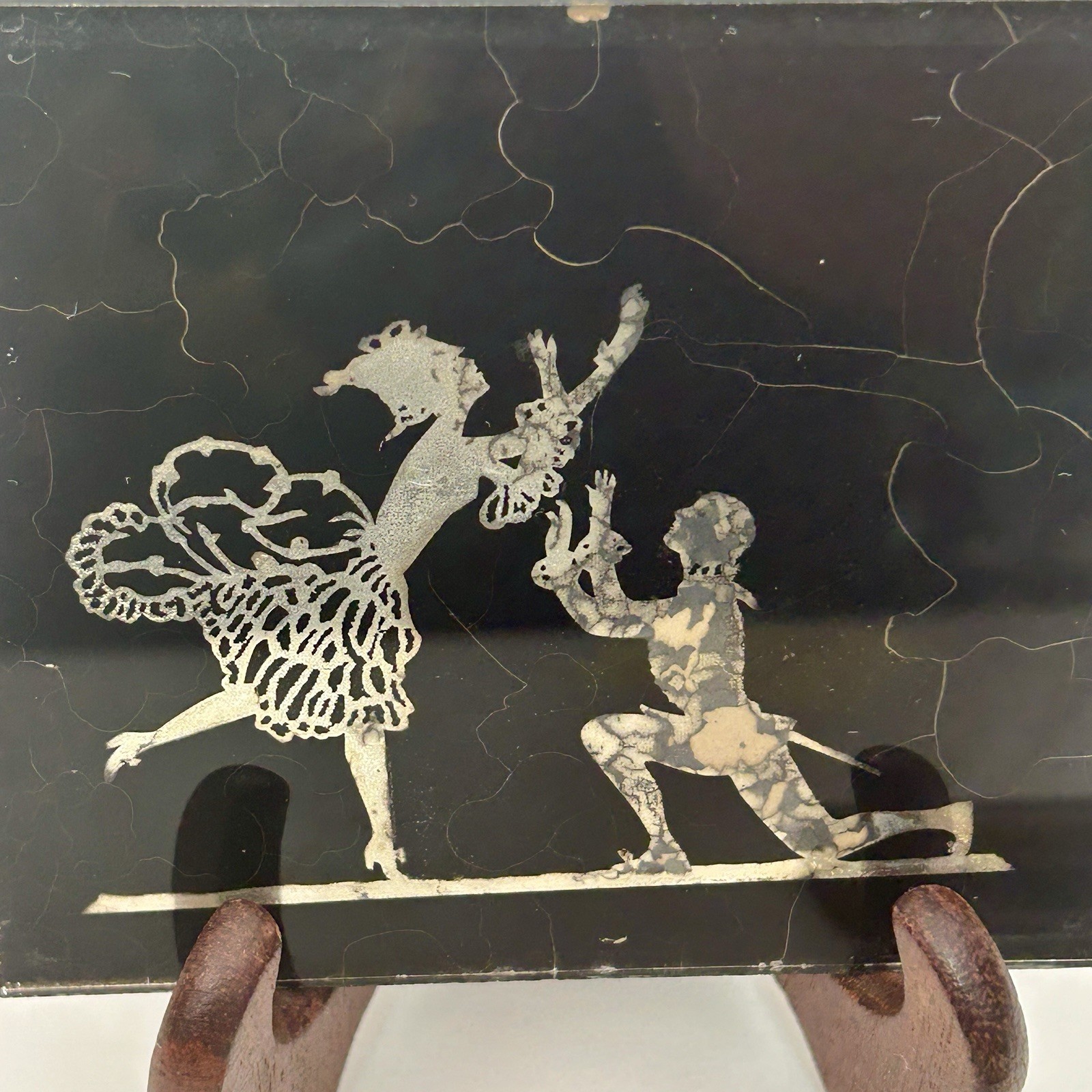 Pair 1930s Reverse Painted Glass Ballet Dancers Silhouette Wood Frame 4½″ VTG