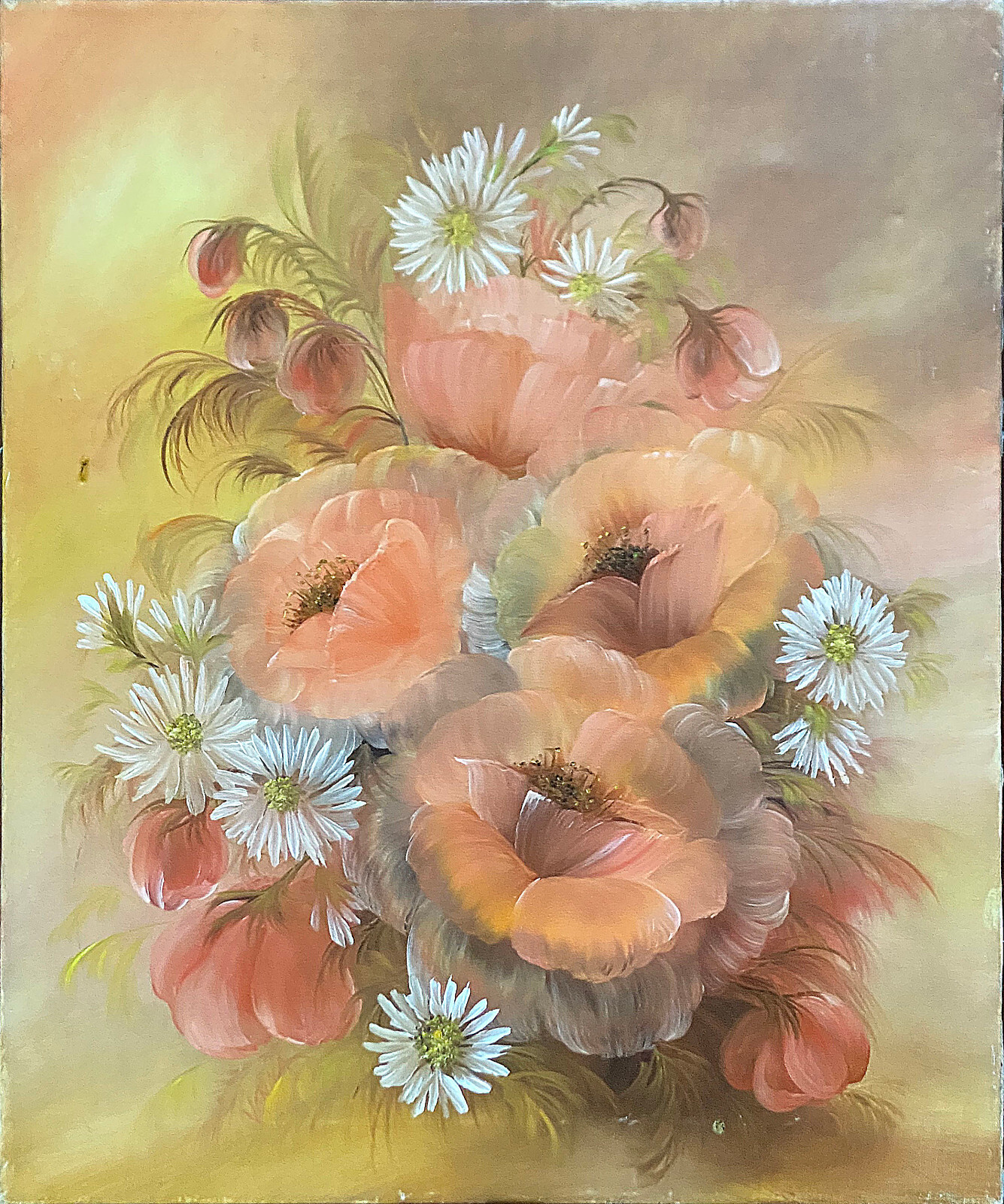 Vonna, Floral Still Life Pastel Colors Acrylic On Canvas Vintage Painting Signed
