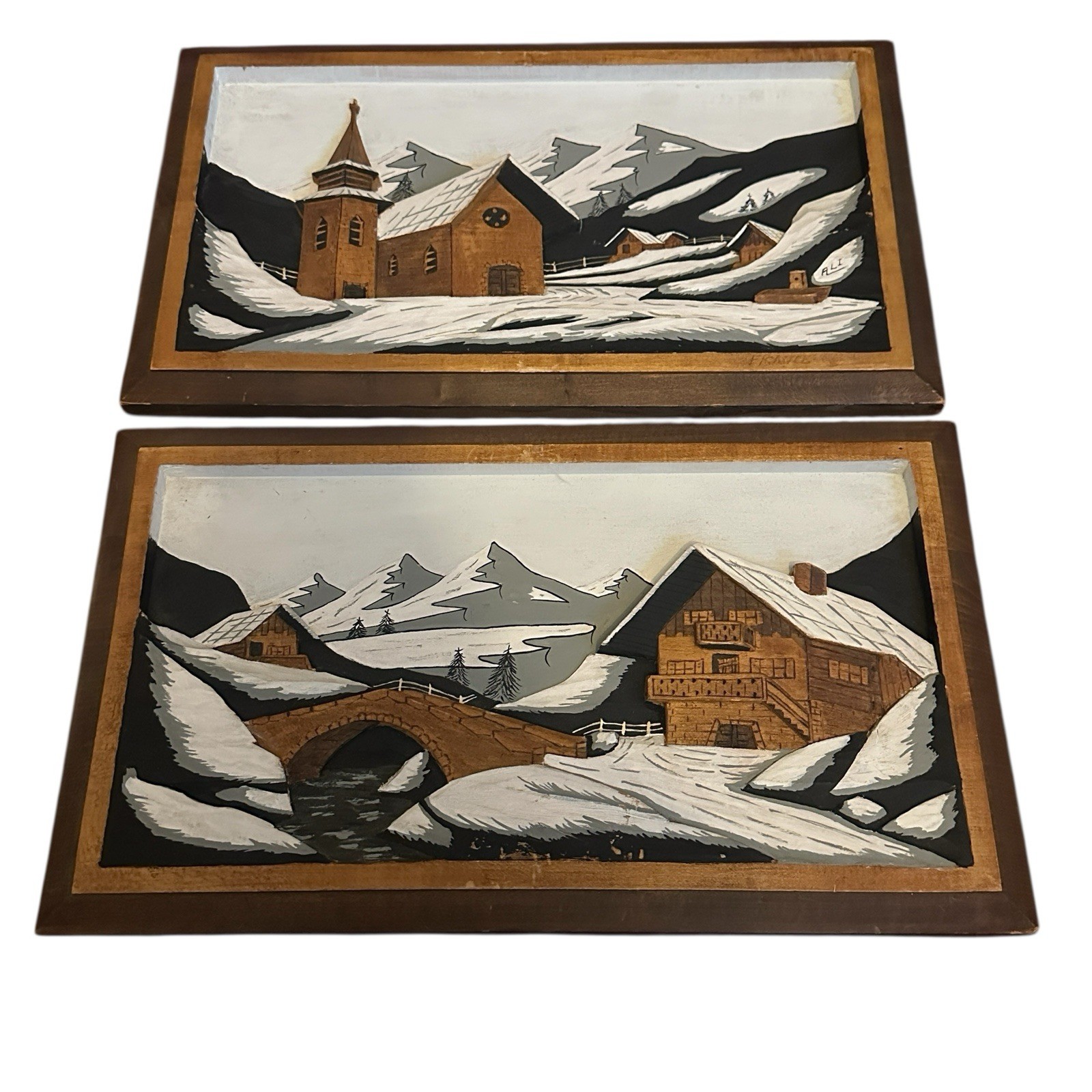 2 Vintage Wood Carved Painted Mountain Cottage Village 3D Relief Wall Art READ