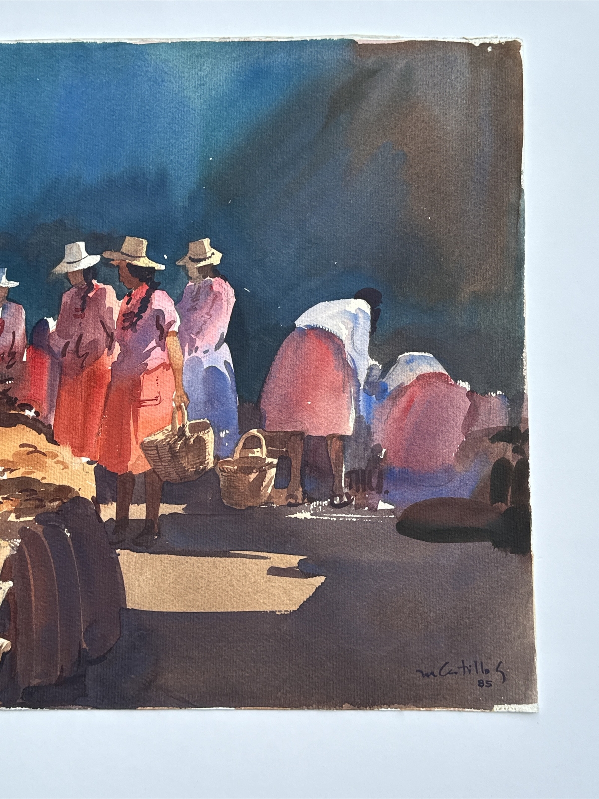 VINTAGE IMPRESSIONISM PAINTING MEXICO STREET SCENE VENDORS MARKET CASTILLO