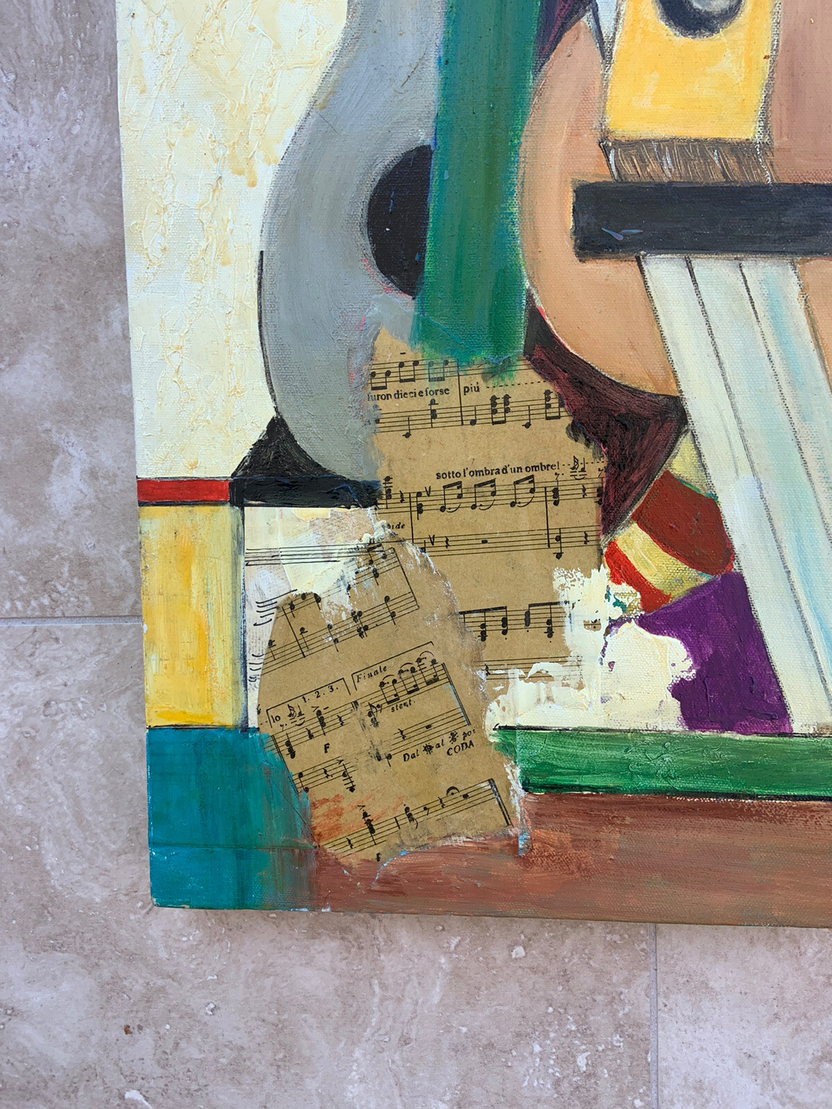 Oil Painting Music Guitar Collage Signed 2013 Symbolism