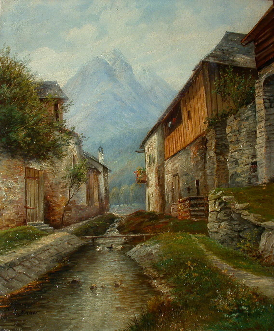 Lambert Bauer (1869 – 1960) Alpine Village with Creek