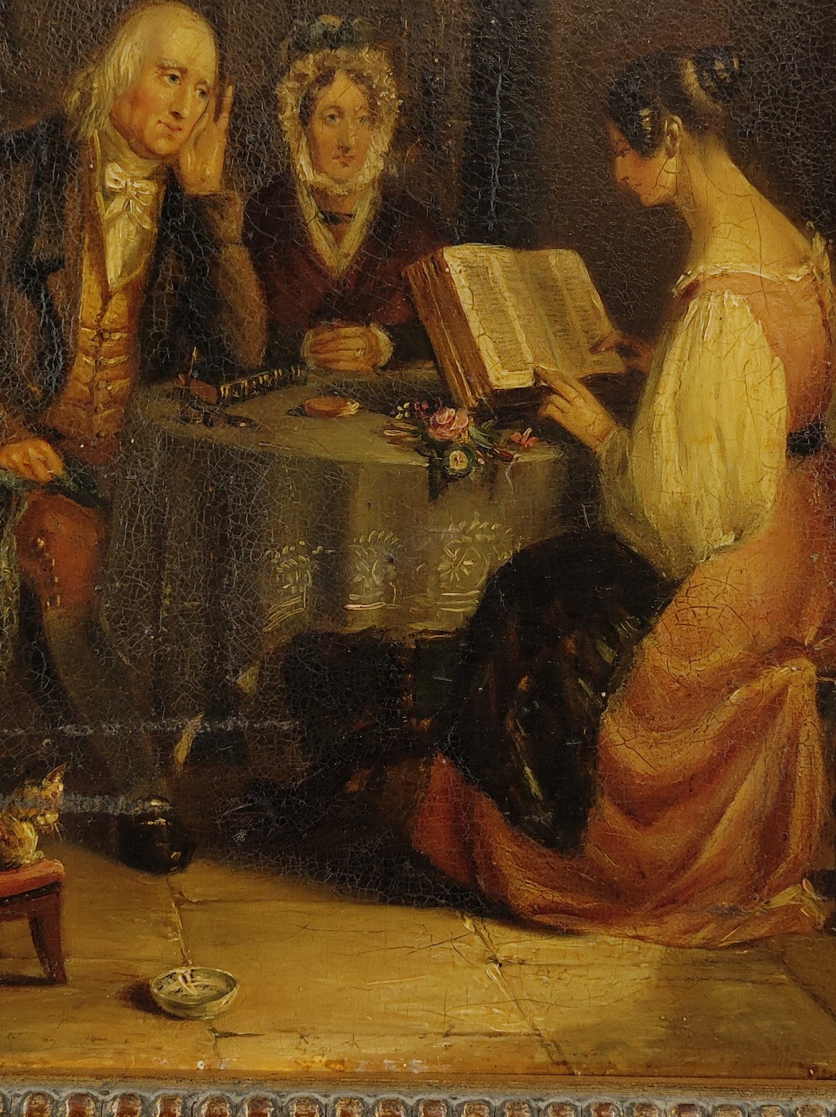ANTIQUE 19TH C. INTERIOR GENRE SCHOOL OIL PAINTING ON CANVAS, «SUNDAY EVENING».