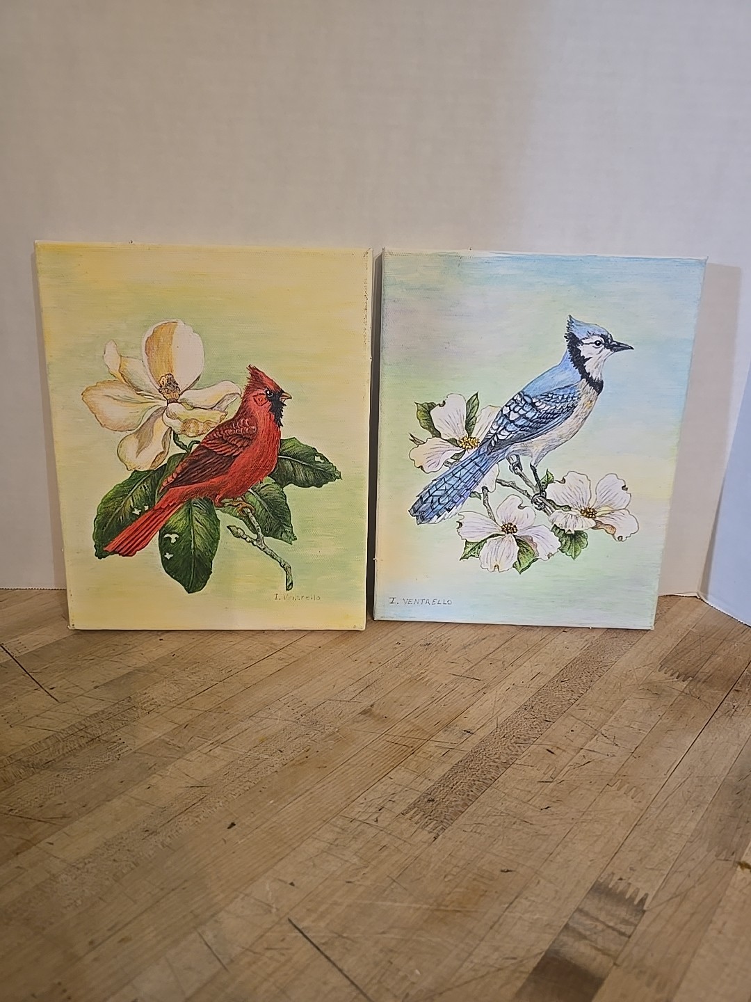 A PAIR OF HAND PAINTED BIRDS Canvas 8×10″ CARDINAL AND BLUE JAY