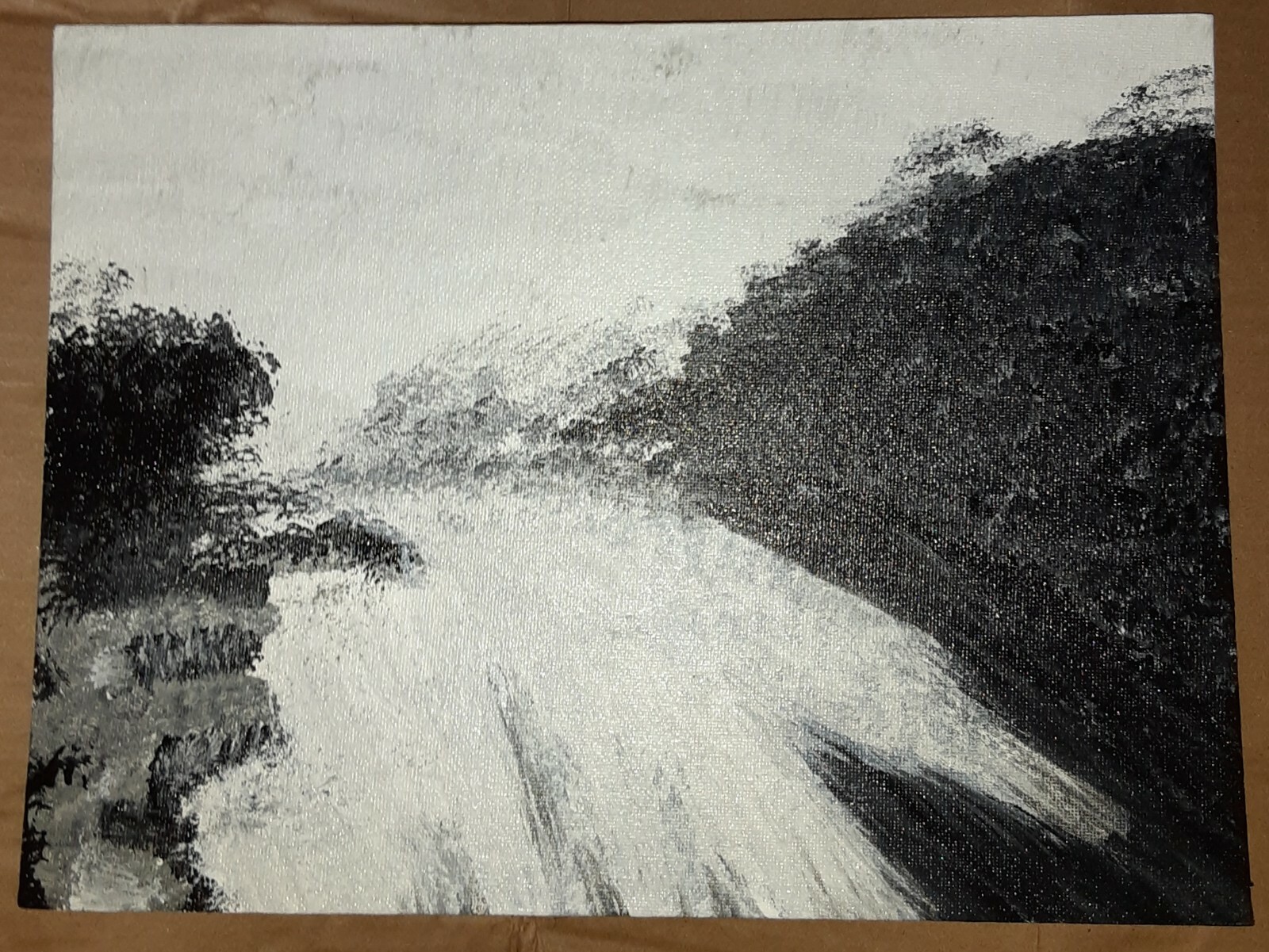Spring River Bayou Access 9×12″ B&W Painting by Leland Butler Ozarks Nature Art