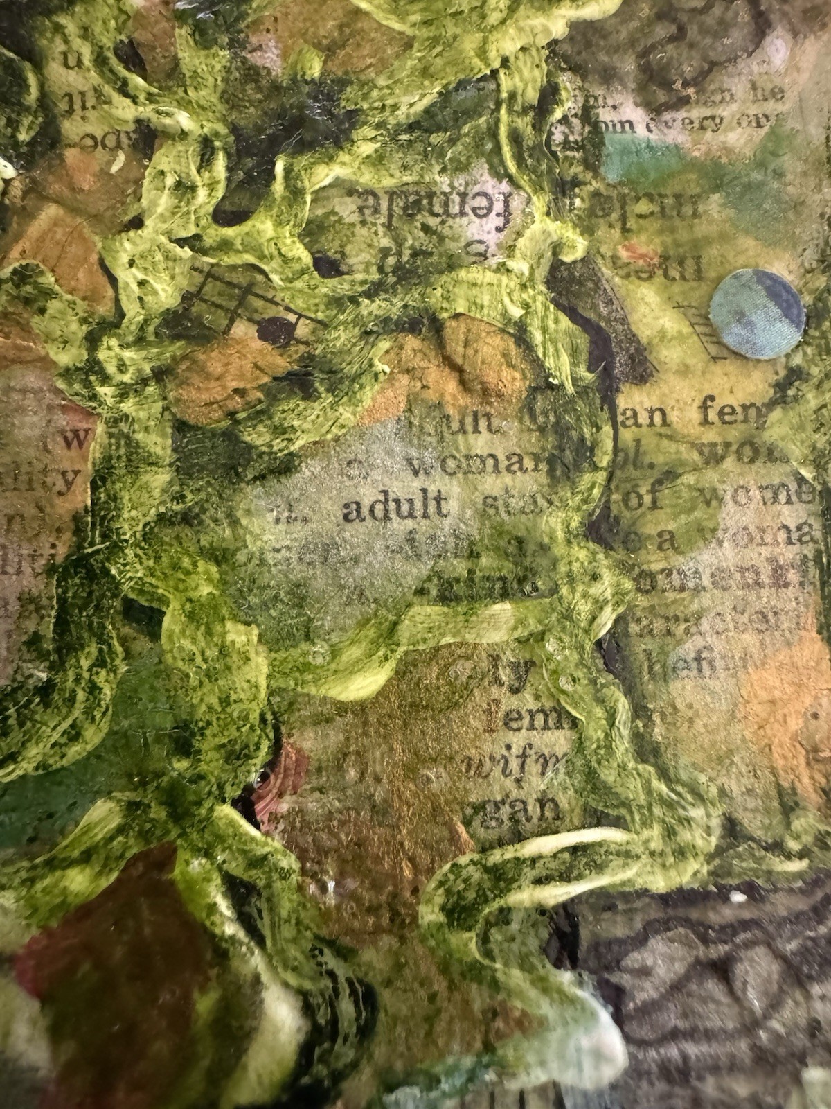Oil on Canvas, Mixed Media Over Newspaper Painting – Lorie Lee Andrews 12” x 12”