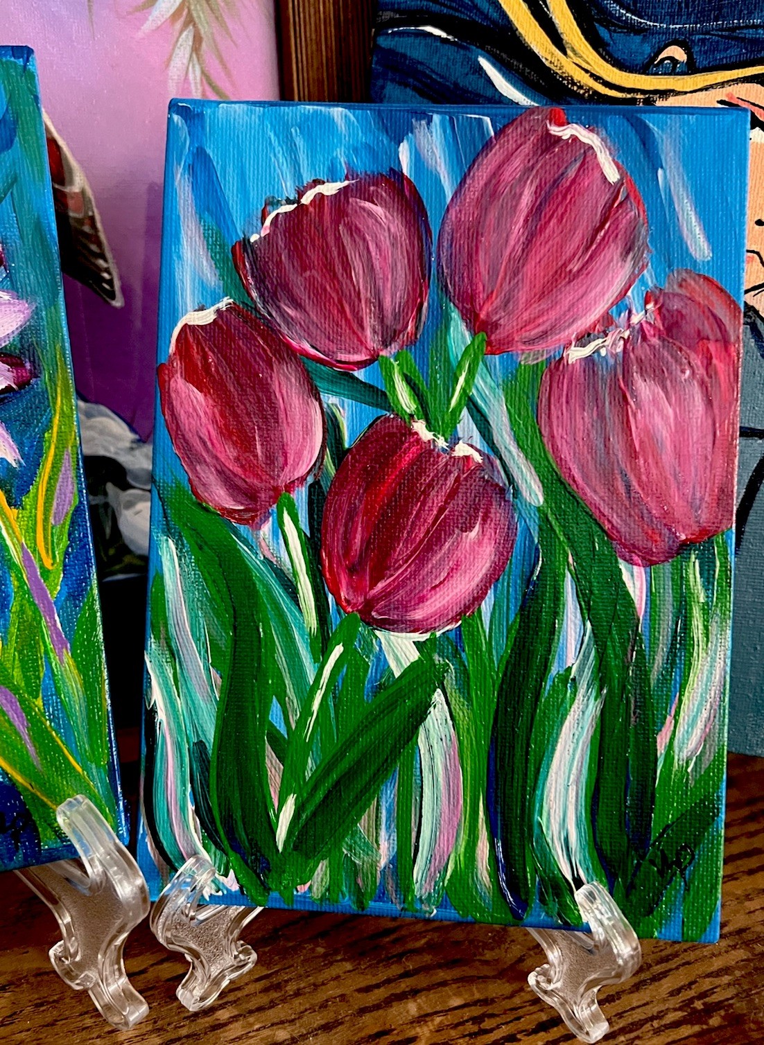 Magenta Tulips Impressionist Abstract Floral Acrylic Small 5×7 Canvas Panel