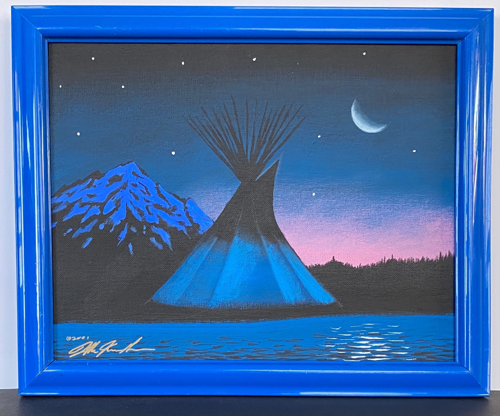 Crow Lodge ‘Summer Evening’ Montana New Moon Water Indian Blue Tepee Knowshisgun