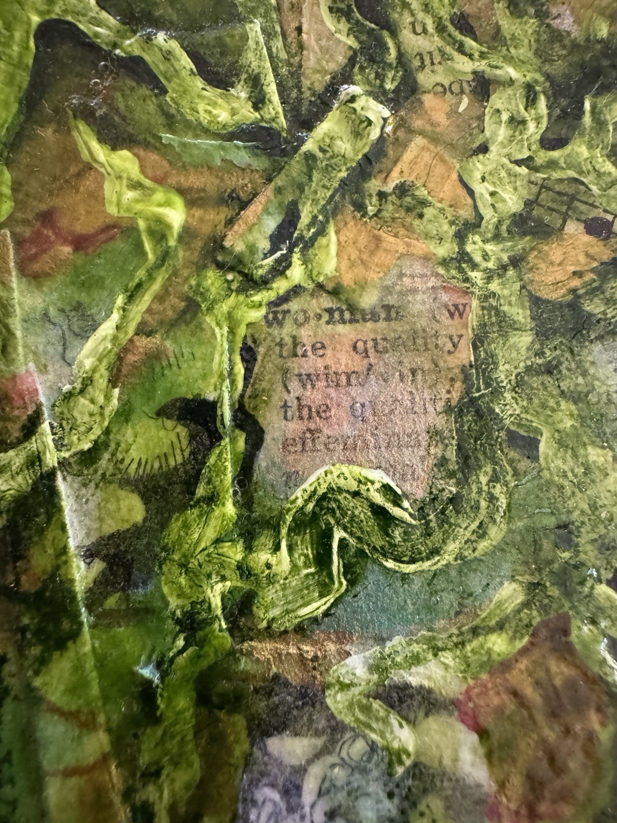 Oil on Canvas, Mixed Media Over Newspaper Painting – Lorie Lee Andrews 12” x 12”