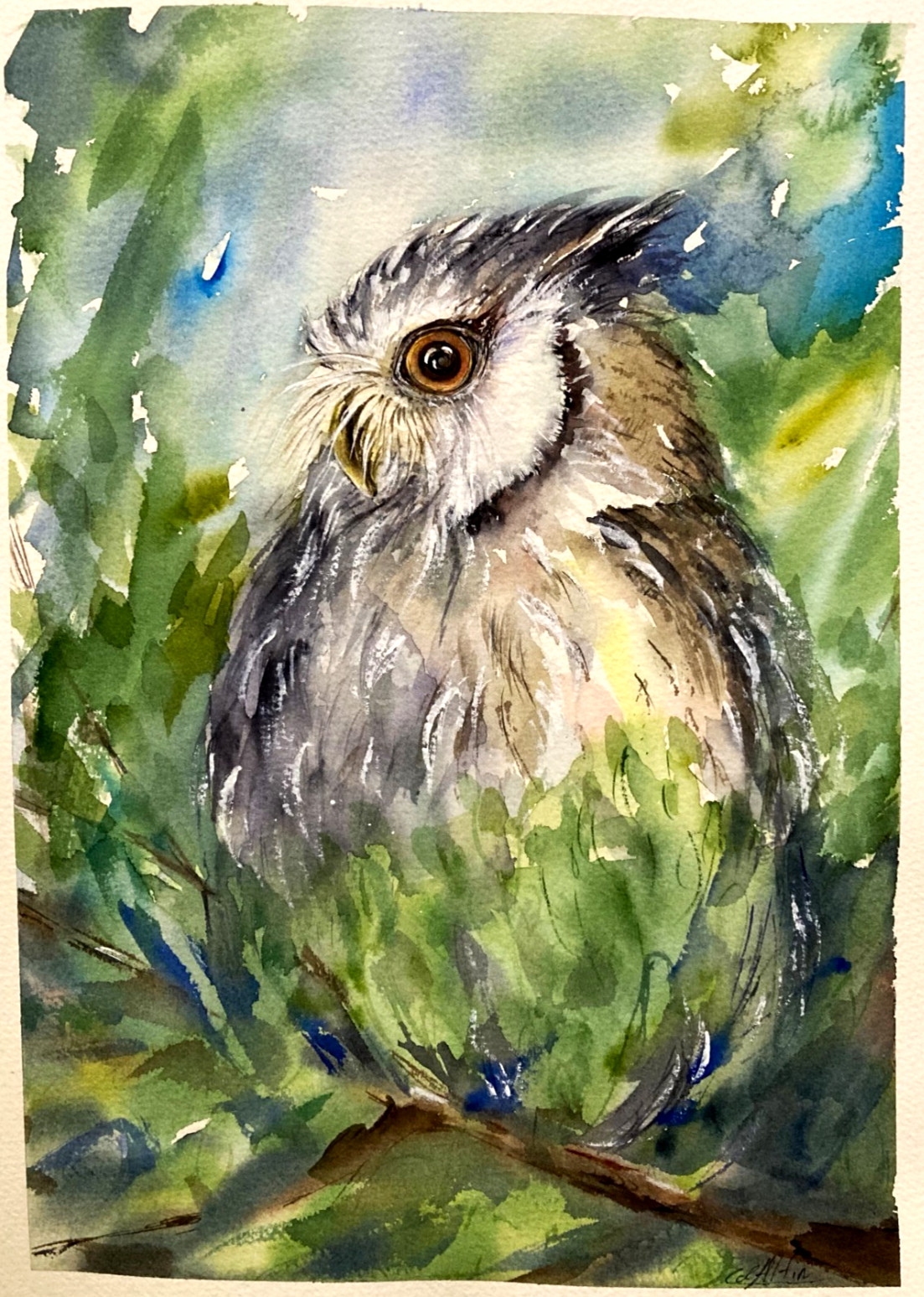 Original Owl Watercolor Painting Bird Art Woodland Nature Wall Decor Signed