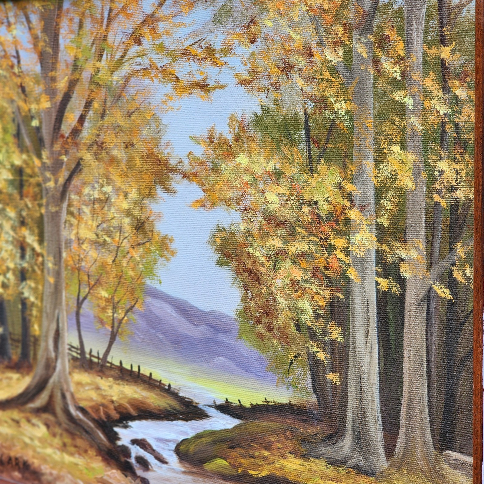 Vtg Acrylic on Canvas Painting Landscape Framed Artist Signed Trees Water Creek