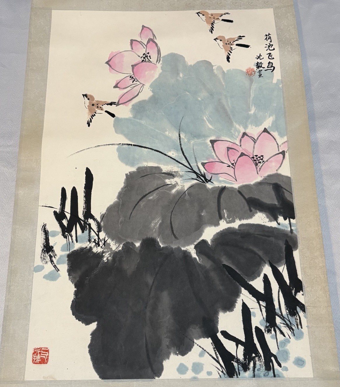 Vintage Chinese Hanging Scroll Lotus Birds Painting Silk Wall Art Signed