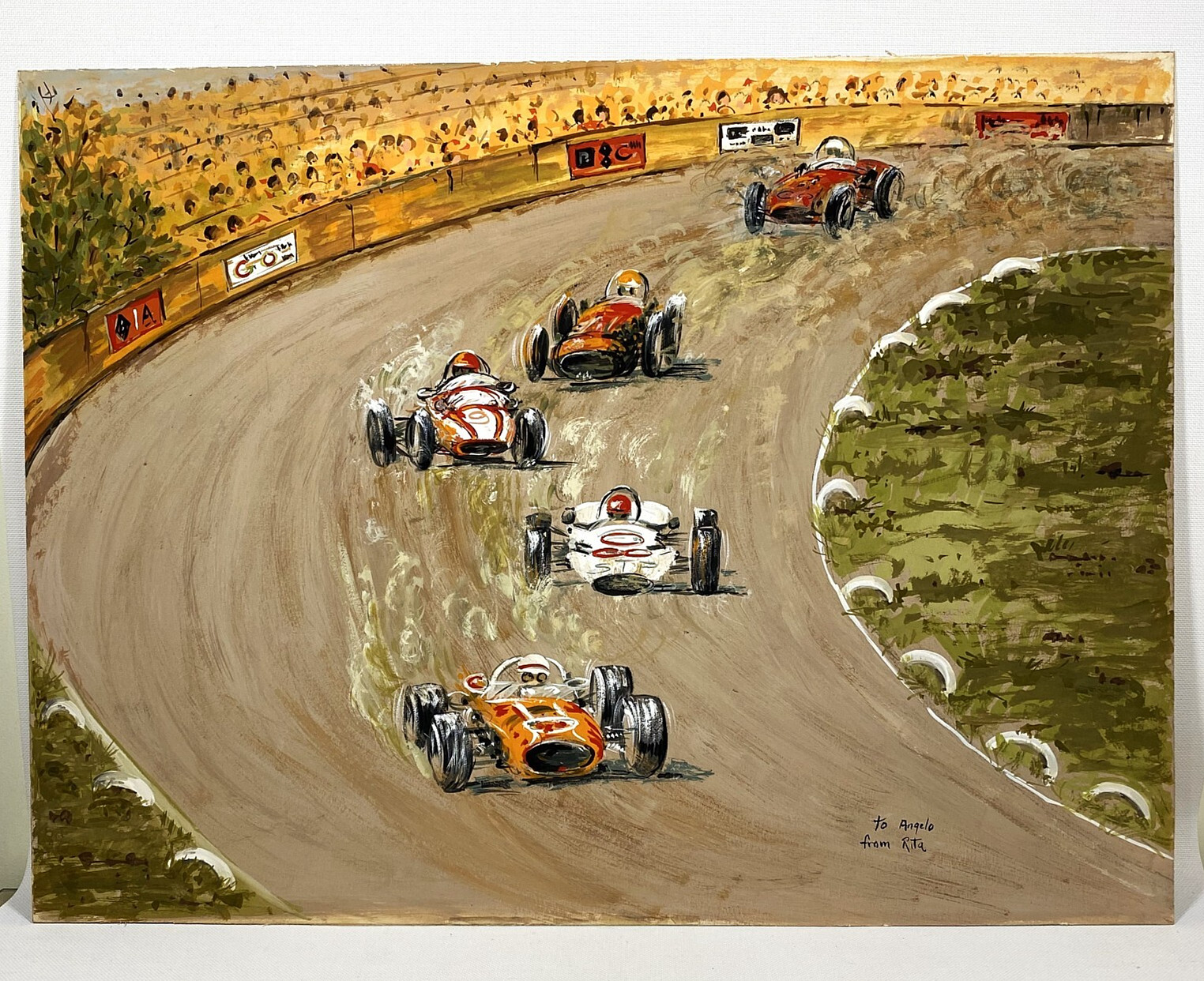Vntg 18″x 24″ 1950s VINTAGE GRAND PRIX RACING ORIGINAL GOUACHE PAINTING by RITA